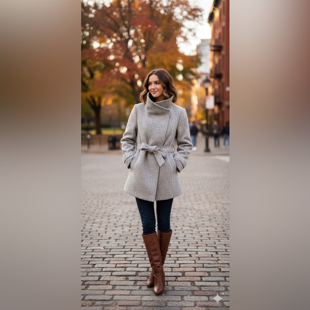 Mo-Ka Wool Wrap Belted Shawl Funnel‎ Neck Draped Cropped Trench Coat Women’s L